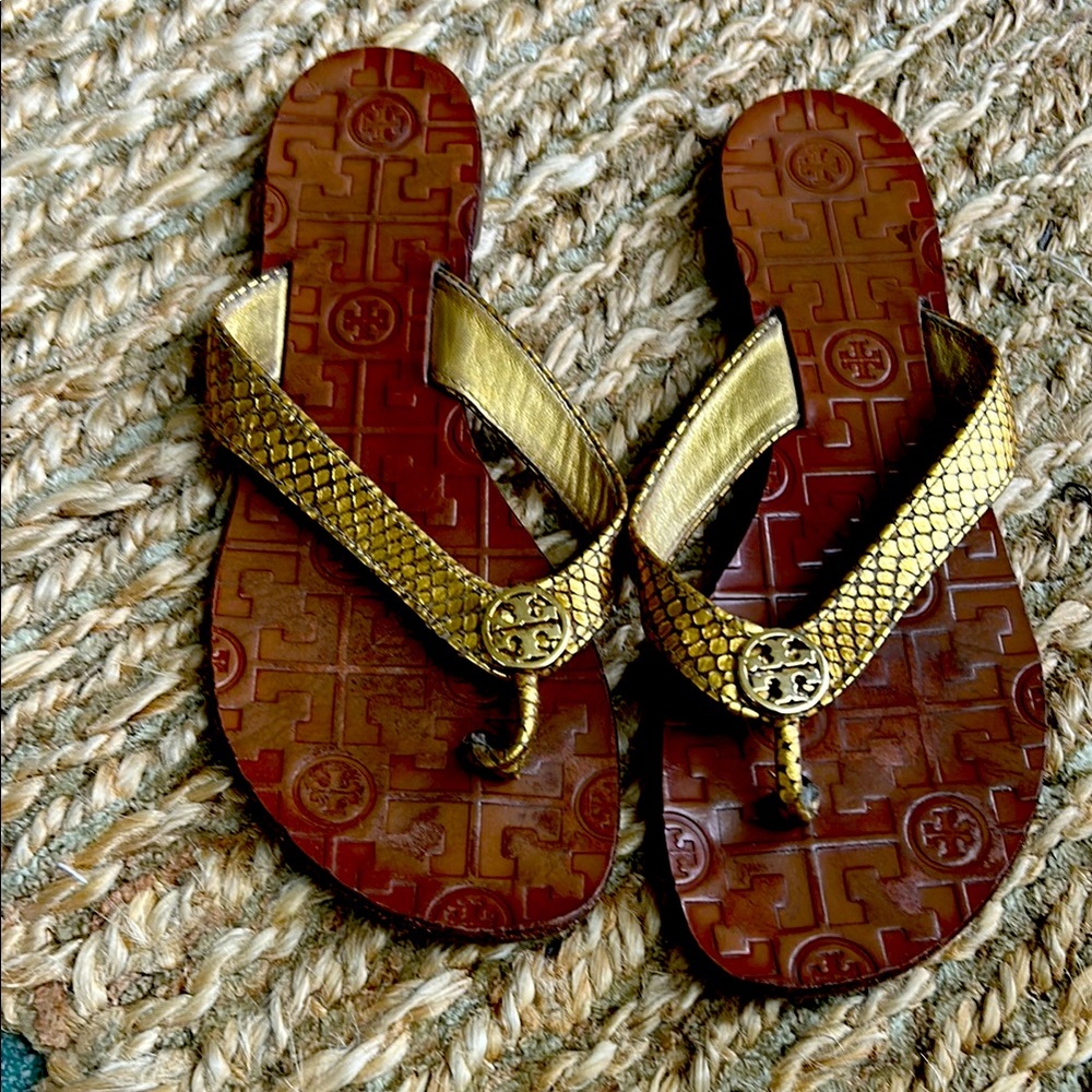 Tory Burch Gold and Brown Patterned Sandals